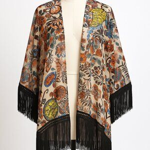 Sans Souci Women’s Sheer Floral Kimono Cardigan Size M – Boho Fringe Trim Lightw